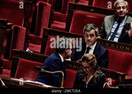Paris, France. 16 janvier 2024. Antonin Burat/le Pictorium - séance de questions au gouvernement du 16 janvier 2024 à l'Assemblée nationale française - 16/01/2024 - France/Paris - Ministre de l'intérieur Gerald Darmanin lors de la séance de questions au gouvernement du 16 janvier 2024 à l'Assemblée nationale française. Crédit : LE PICTORIUM/Alamy Live News Banque D'Images
