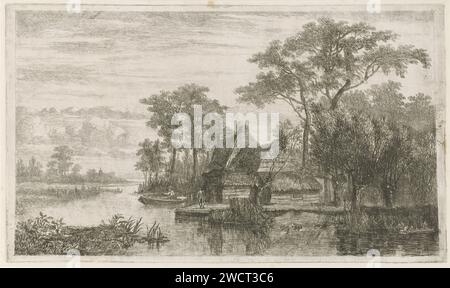 Vue sur la rivière avec Hengelaars, Hermanus Jan Hendrik Rijkelijkhuizen, 1823 - 1883 imprimer Une rivière avec quelques maisons et deux tiges sur le front de mer. Au premier plan un groupe de canards et deux saules pollards. En arrière-plan les contours d'une église. Papier Utrecht. pêcheur de gravure / point sec. rivière. bateau à rames, canoë, etc. ferme ou maison solitaire dans le paysage. église (extérieur). arbres : saule. oiseaux aquatiques : canard Banque D'Images