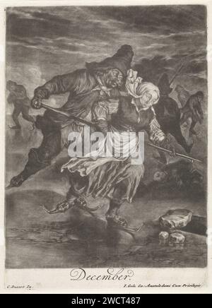 Décembre, Cornelis Dusart, 1679 - 1704 imprimer Fun de glace. Un homme et une femme patinent sur un long bâton au-dessus de la glace autour d'un wak. D'autres patineurs peuvent être vus en arrière-plan, dont l'un est tombé. L'estampe fait partie d'une série de douze estampes avec les douze mois de l'année. Imprimeur : Haarlem Editeur : patins de gravure papier Amsterdam (sports d'hiver). Décembre et ses 'labours' Banque D'Images