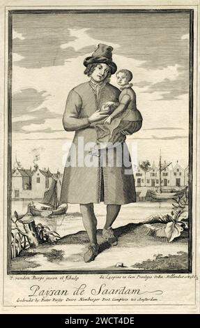 Boer de Zaandam, Pieter van den Berge, 1669 - en 1689 ou avant, imprimer Un homme vêtu du costume traditionnel de Zaandam tient un enfant dans ses bras. En arrière-plan, vous pouvez voir une vitesse avec des bateaux et il y a une rangée de maisons à travers l'eau. Tirage à partir d'une série de 10 tirages avec des villageois qui portent des costumes traditionnels. Amsterdam papier gravure / gravure costume folklorique, costume régional Banque D'Images