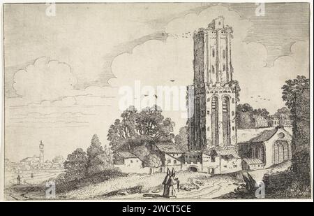 Paysage avec tour d'église délabrée, Jan van de Velde (II), 1616 estampes clergé sur un chemin près d'une tour d'église délabrée. Laissé en arrière-plan un village. Vingt-sixième tirage d'une série d'un total de 52 tirages avec des paysages, répartis sur deux parties de 26 tirages chacune. Église de gravure sur papier du nord des pays-Bas (extérieur). moine(s), frère(s). paysage avec ruines Banque D'Images