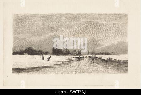 Patineurs dans un paysage hollandais, Elias Stark, 1887 patineurs impriment sur une vitesse. Sur la gauche, deux patineurs viennent d'un fossé. Deux moulins au loin. Moulin à vent de gravure de papier Nieuwer-Amstel dans le paysage. patins (sports d'hiver) Banque D'Images