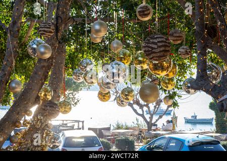 Boules de Noël suspendues aux arbres dans un café Banque D'Images