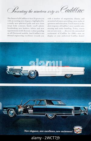 Publicité dans le magazine 1965 annonçant les modèles 1966 de ville convertible et Fleetwood Brougham Cadillac. Banque D'Images