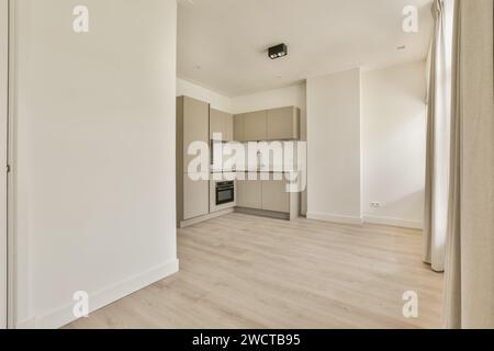 Parquet et murs blancs dans un salon vide non meublé relié à une petite cuisine à l'appartement moderne Banque D'Images