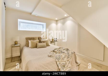 Chambre mansardée confortable avec un décor moderne, des couleurs neutres et des armoires intégrées offrant un look sophistiqué et minimaliste. Banque D'Images