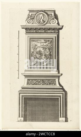 Onderboezem, Cornelis Danckerts (I), d'après Pierre Bullet, c. 1675 - c. 1686 impression au-dessus de la tablette du sceau de la cheminée pend un frison avec des vignes de feuilles, au-dessus de laquelle il y a une peinture rectangulaire avec un paysage et deux bûcherons. Imprimeur : pays-Bas (possiblement)après conception par : France (possiblement)imprimeur : Amsterdampublisher : Amsterdam paper graving cheminée-piece, cheminée-piece Banque D'Images