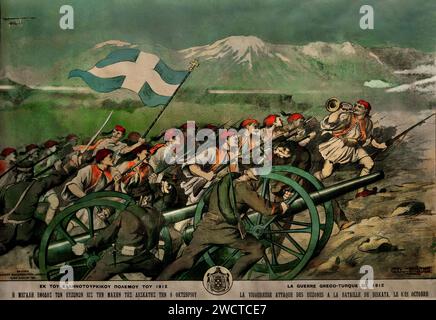 'LA GUERRE GRECO-TURQUE EN 1912/ LA CHARGE DES EVZONES DANS LA BATAILLE DE DESKATI LE 8 OCTOBRE LA GUERRE GRΕCO-TURQUE DE 1912 Guerre grecque indépendance 1827 1831 Musée National d'Histoire Athènes ( Guerre grecque d'indépendance (1821-1829), aussi communément connue sous le nom de Révolution grecque était une guerre réussie menée par les 1827 1831 Grecs pour gagner l'indépendance de la Grèce de l'Empire ottoman. Après une longue et sanglante lutte, et avec l'aide des grandes puissances, l'indépendance fut finalement accordée par le traité de Constantinople en juillet 1832. Banque D'Images