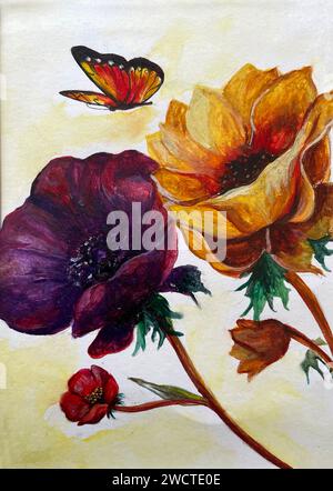 Une œuvre abstraite de peinture à l'huile de nature morte mettant en vedette des fleurs et des papillons Banque D'Images