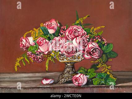 Une œuvre abstraite de peinture à l'huile de nature morte mettant en vedette un bouquet de roses roses dans un vase Banque D'Images