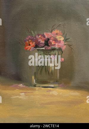 Une œuvre abstraite de peinture à l'huile de nature morte avec un vase de fleurs, idéal pour un décor à la maison Banque D'Images