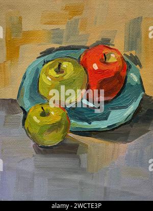 Une œuvre abstraite de peinture à l'huile de nature morte mettant en vedette des pommes vertes et rouges, idéale pour la décoration intérieure Banque D'Images