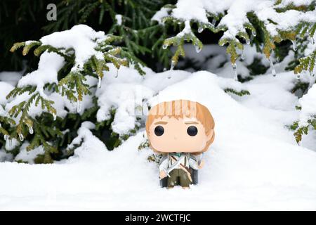 Funko Pop figurine d'action de hobbit Sam avec épée et lumière de phial du film fantastique le Seigneur des anneaux. Forêt d'hiver, dérives de neige, bois verts. Banque D'Images