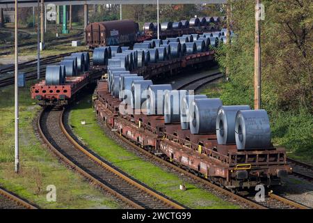 Duisburg, région de la Ruhr, Rhénanie du Nord-Westphalie, Allemagne - ThyssenKrupp Steel Europe, les bobines d'acier du laminoir à bande chaude refroidissent sur les wagons de marchandises dans le Banque D'Images