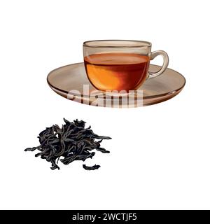 Tasse de thé, feuilles de thé séchées. Illustration vectorielle dans le style graphique. Cartes, invitations, bannières printanières, emballages, couvertures, étiquettes, flyers. Illustration de Vecteur