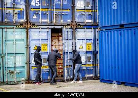 ROTTERDAM - extracteurs lors d'une démonstration sur les méthodes de travail des douanes après la présentation des chiffres annuels par le ministère public sur l'équipe HARC Rotterdam. L'équipe Hit and Run Cargo (HARC) est impliquée dans l'enquête et la poursuite des enquêtes de subversion majeures dans et autour du port de Rotterdam. ANP ROBIN UTRECHT netherlands Out - belgique Out Banque D'Images