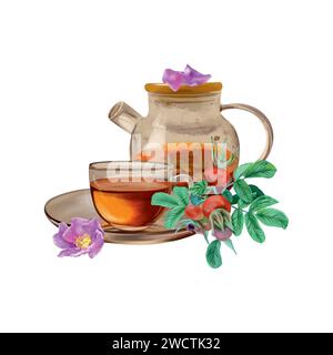 Tasse de thé, théière, hanches roses, fleurs, baies. Illustration vectorielle dans le style graphique. Cartes, invitations, bannières, emballages, couvertures, étiquettes, flyers. Illustration de Vecteur