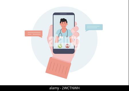 Le concept de consultation médicale en ligne via smartphone. Téléphone à main. Discutez ou appelez avec le thérapeute . Application mobile. Application de soins de santé pour Illustration de Vecteur