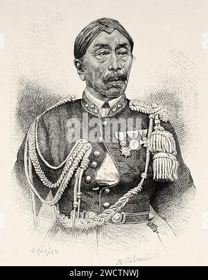 Portrait du prince Pangeran Adipati Ario Mangkoe Negoro IV (1853-1881) île de Java. Indonésie, Sud-est. Six semaines à Java 1879 par désir Charnay (1828 - 1915) gravure ancienne du 19e siècle du Tour du monde 1880 Banque D'Images