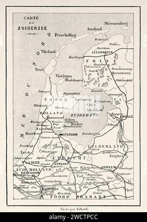 Ancienne carte du Zuyder Zee. Le Zuiderzee était une baie peu profonde de la mer du Nord dans le nord-ouest des pays-Bas, Hollande. Europe. Pays-Bas 1878 de Charles de Coster (1827 - 1879) gravure ancienne du 19e siècle du Tour du monde 1880 Banque D'Images