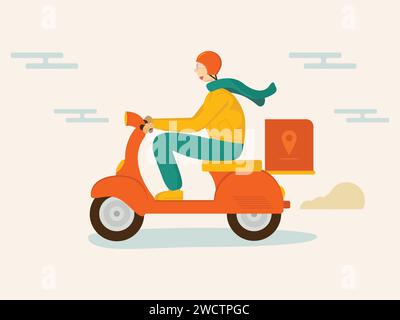 Un concept de livraison heureuse jeune homme mec chevauchant scooter orange cyclomoteur rapide. Caractères. Illustration vectorielle plate. Illustration vectorielle Illustration de Vecteur