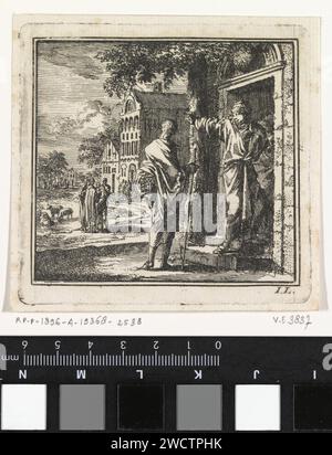 L'homme devient l'accès à une maison, avec un globe sur la façade, refusé, Jan Luyken, 1710 imprimer Amsterdam papier gravure refus. terre, monde comme corps céleste Banque D'Images