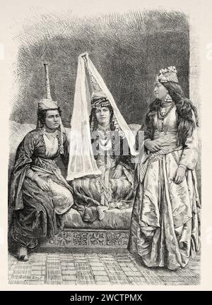 Le traditionnel chapeau vertigineux d'un druze marié, Liban. Voyage en Syrie 1875-1878 de Charles Louis Lortet (1836 - 1909) gravure ancienne du 19e siècle du Tour du monde 1880 Banque D'Images