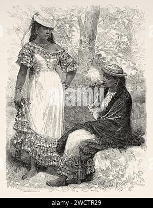 Femmes Darién habillées en robe traditionnelle pollera. République du Panama. Amérique centrale. Explorations de l'isthme de Panama et du Darien 1876-1878 par Armand Reclus (1843 - 1927) gravure ancienne du 19e siècle du Tour du monde 1880 Banque D'Images