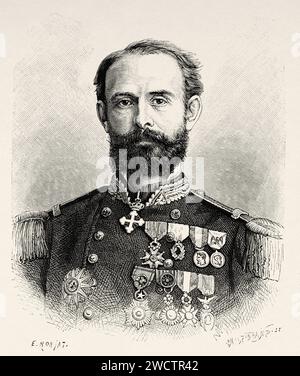 Portrait de Lucien Napoléon Bonaparte Wyse (1845-1909) était un ingénieur français. Commande de la compagnie française Compagnie universelle du canal interocéanique de Panama République du Panama. Amérique centrale. Explorations de l'isthme de Panama et du Darien 1876-1878 par Armand Reclus (1843 - 1927) gravure ancienne du 19e siècle du Tour du monde 1880 Banque D'Images