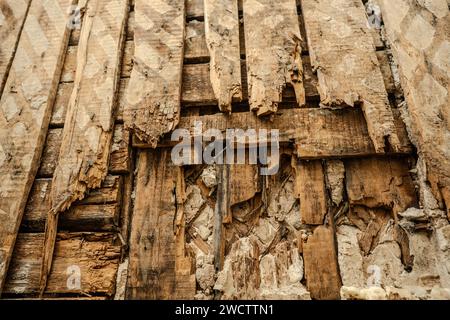 Vieux mur en bois endommagé par des termites. Vue rapprochée. Mur pourri. Vraie photo. Banque D'Images