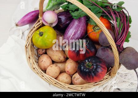 Panier avec divers légumes. Pommes de terre, betteraves, tomates, échalotes, aubergines. Style campagnard. Banque D'Images