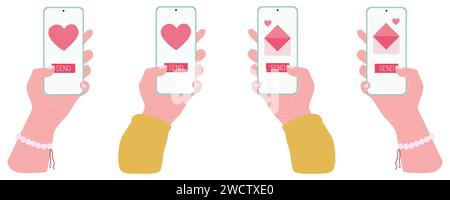 Kit Vector pour smartphone à main levée. Envoyer ou recevoir Love sms, lettre, email avec téléphone portable. Saint Valentin illustration plat sur blanc. J'adore discuter c Illustration de Vecteur