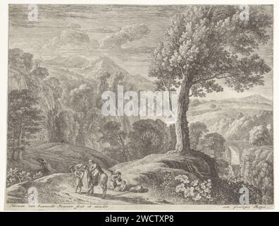 Jozef aide Maria van de Izel, Herman van Swanevelt, 1650 - 1655 print dans un paysage montagneux avec des fêtes dans les arbres, Joseph aide Maria van de Izel, tandis qu'un ange tient la tête de l'âne. Derrière l'âne, un deuxième ange prend soin de Christ, enveloppé dans un tissu sur le sol. La gravure de papier de Paris repose sur le vol en Egypte Banque D'Images