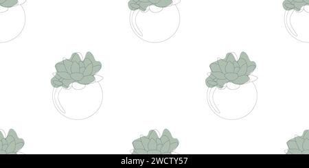 Modèle sans couture de succulents linéaires dessinés à la main dans des pots de fleurs. Contour Line Art Vector fleurs sur blanc avec des taches vertes. Concevoir des éléments botaniques pour Illustration de Vecteur