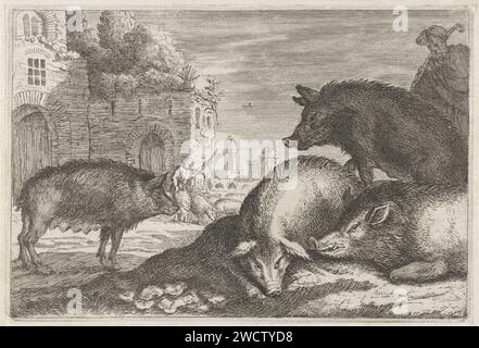 Cochons, Anonyme, d'après Herman van Swanevelt, 1636 - 1705 imprimer Un berger est en quatre cochons, tandis qu'en arrière-plan un autre berger avec quelques cochons est en face d'un bâtiment. racleur de gravure de papier. paysages. logement rural, par exemple maison de campagne, villa, chalet. troupeaux, bergers, bergers, bergers, bergers, bergers, vache, etc Banque D'Images