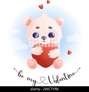 Mignon petit ours blanc polaire avec coeur. Drôle de personnage animal dans l'amour. Carte de Saint-Valentin. Illustration vectorielle dans le style de bande dessinée. Collection enfants Illustration de Vecteur