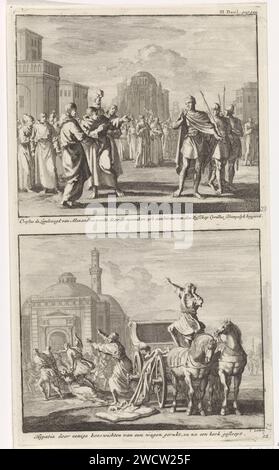 Le préfet Oreste est moqué par les moines et hypatie qui est tiré de sa voiture par les chrétiens, Jan Luyken, 1701 imprimer deux représentations sur une plaque. Ci-dessus : Oreste au premier plan, le préfet d'Alexandrie. Quelques moines se moquent de lui. Un des moines lui jette une pierre. En arrière-plan, le patriarche Cyrille d'Alexandrie, qui prêche contre Oreste. Ci-dessous : la philosophe Hypatie est retirée de sa voiture et traînée à une église pour y être tuée. Amsterdam paper gravure des églises chrétiennes primitives, par exemple Arméniens, Coptes, Syriens. Saints masculins (avec NOM). mort violente par lapidation - Banque D'Images