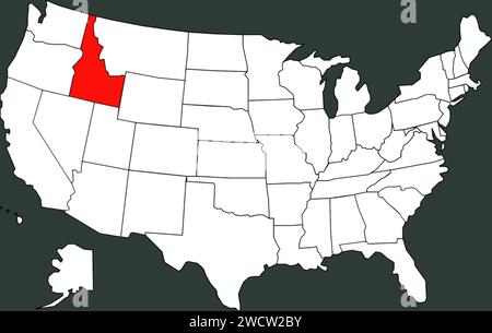Carte des États-Unis avec l'Idaho mis en évidence en rouge sur un fond gris foncé, une illustration sur le thème des élections et du vote dans les États Banque D'Images