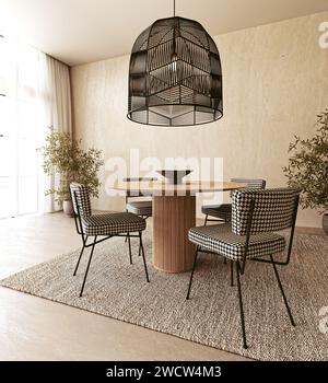 Salle à manger moderne avec chaises en pied de poule élégantes et grande suspension noire sur une table en bois Banque D'Images