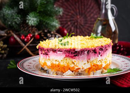 Salade russe traditionnelle à plusieurs couches de hareng, betteraves, pommes de terre, carottes et œufs. Salade de hareng sous un manteau de fourrure. Banque D'Images