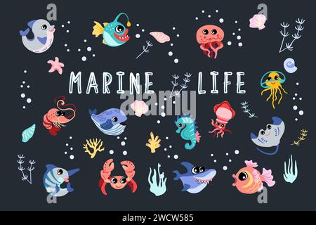 Animaux marins. Bannière avec des poissons de haute mer et la faune sur un fond sombre avec texture. Plancher océanique. Illustration vectorielle Illustration de Vecteur