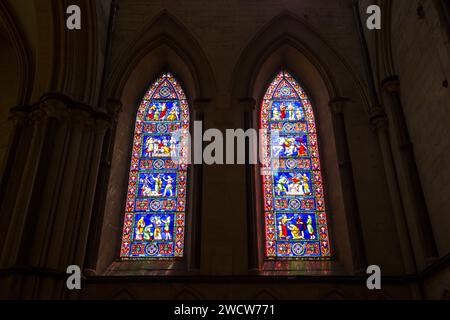 Lincoln, Lincolnshire, Angleterre. Paire de vitraux colorés dans le transept sud-est de la cathédrale de Lincoln. Banque D'Images