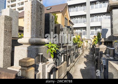 Tokyo, Japon. Janvier 2024. Vue intérieure de tombes dans un petit cimetière du centre-ville Banque D'Images