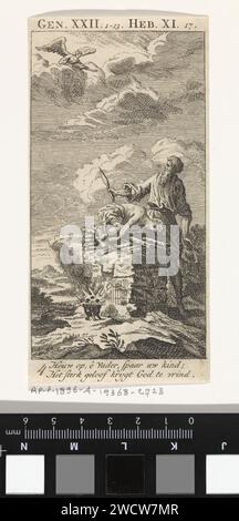 Offre d'Abraham, Jan Luyken, 1712 imprimer Amsterdam papier gravure Abraham ramasse le couteau pour tuer Isaac Banque D'Images