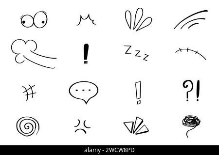 Définir les éléments d'attention d'effet d'émotion anime, expressions bulle de parole dans le style de doodle comique isolé sur fond blanc. Illustration vectorielle Illustration de Vecteur