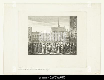 Décapitation de Johan van Oldenbarnevelt, 1619, Reinier Vinkeles (I), 1777 gravure Johan van Oldenbarnevelt s'agenouille les yeux bandés avant sa décapitation sur l'échafaudage du Binnenhof à la Haye le 13 mai 1619. Vu de la place avec un spectateur rassemblé. Gravure de papier aux pays-Bas Banque D'Images