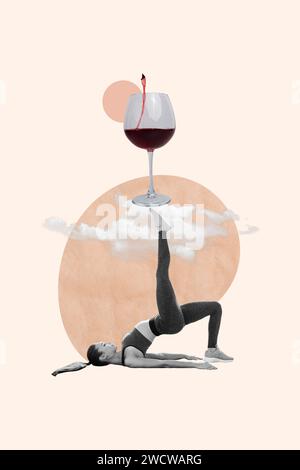 Image de magazine esquisse image collage de mince dame mince tenant la jambe grand verre de vin isolé fond de couleur beige Banque D'Images