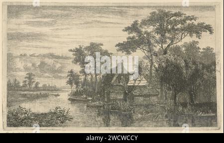 Vue sur la rivière avec Hengelaars, Hermanus Jan Hendrik Rijkelijkhuizen, 1823 - 1883 imprimer Une rivière avec quelques maisons et deux tiges sur le front de mer. Au premier plan un groupe de canards et deux saules pollards. En arrière-plan les contours d'une église. Papier Utrecht. gravure au crayon / pêcheur à la pointe sèche. rivière. bateau à rames, canoë, etc. ferme ou maison solitaire dans le paysage. église (extérieur). arbres : saule. oiseaux aquatiques : canard Banque D'Images