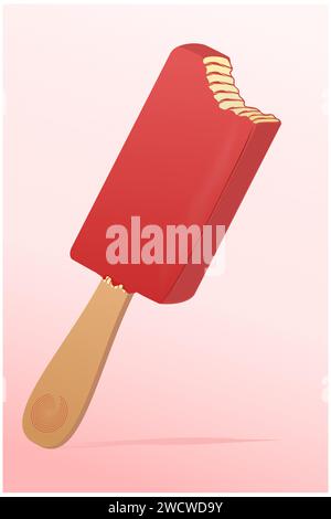 Le popsicle crémeux de fraise mordu avec glaçage rose sur un fond rose clair Illustration de Vecteur