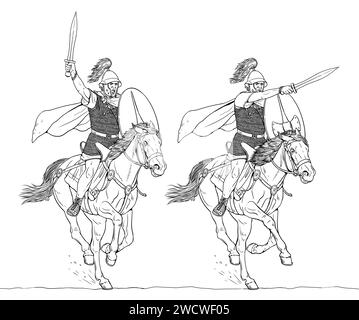 Cavalerie romaine à l'attaque. Dessin historique à la main. Banque D'Images